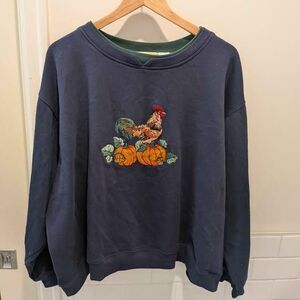 Embroidered Rooster Pumpkin Sweatshirt Halloween Navy Fall Grandma Cottage 3X